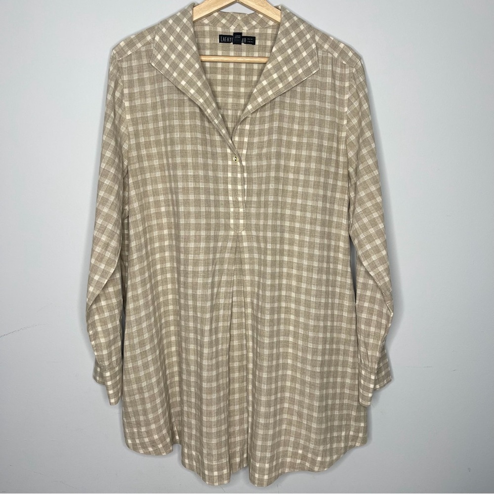 Lafayette 148 Beige Check‎ Tunic Shirt size large